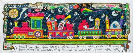 Art work by Francesco Musante Il trenino dei sogni viaggia sui binari della poesia di Neruda  - lithography paper 